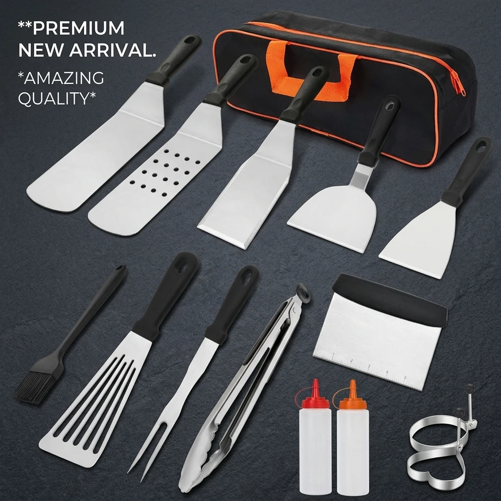 BBQ Tool Set Stainless Steel Griddle Accessories Kit for Outdoor Camping Heavy Duty Spatula Set for Grill Cooking