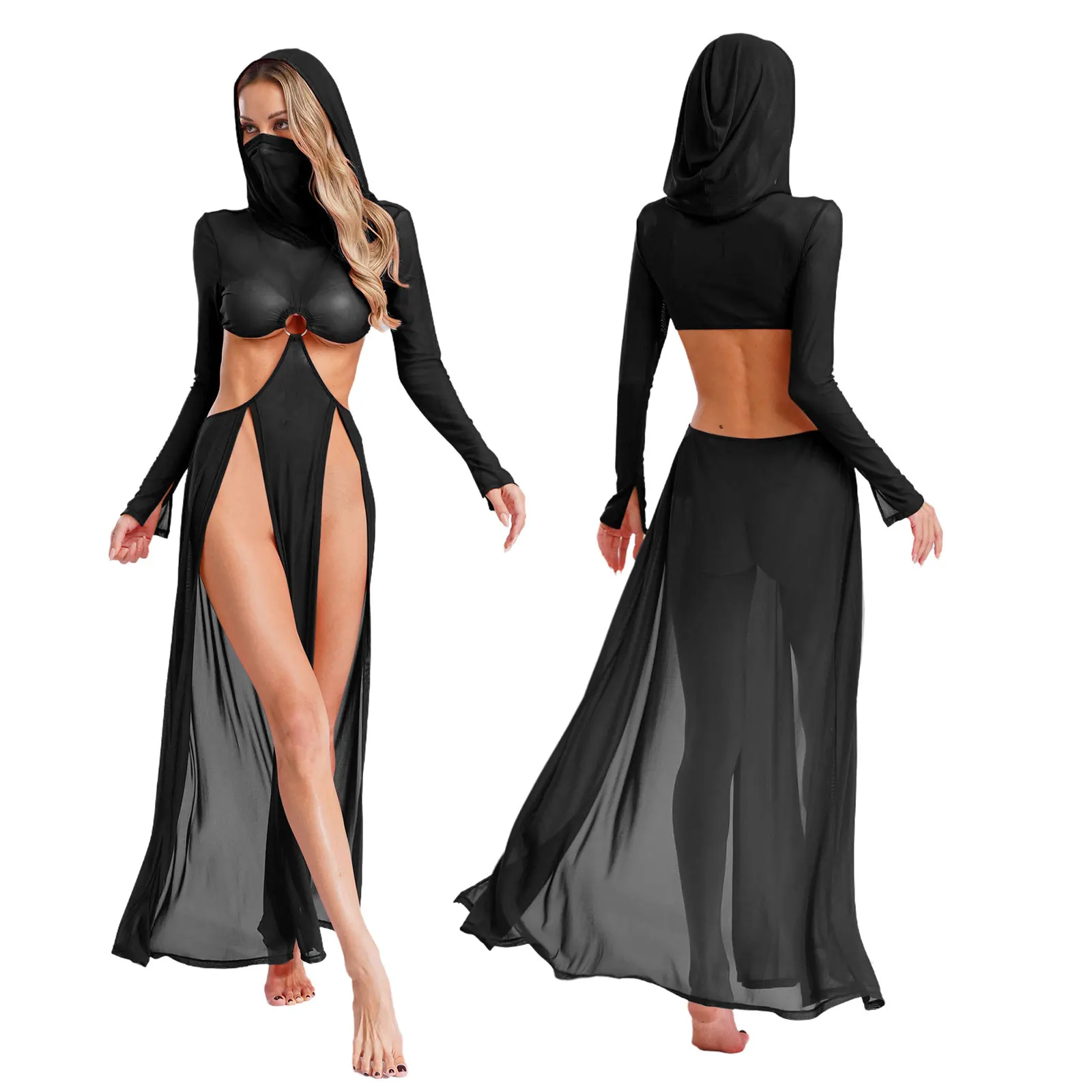 

Women Wet Look Mesh Maxi Dress with Hooded Cosplay Sexy High Slit Lingerie Face Mask Long Sleeves Hollow Out Sheer Nightdress
