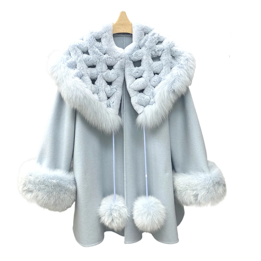 

2023 New Wool Jackets Fox Fur Collar Cuffs Fur Balls Fur Shawl Reversible Cashmere Coat Mid-Length Cape Woolen Coat Women Shawl