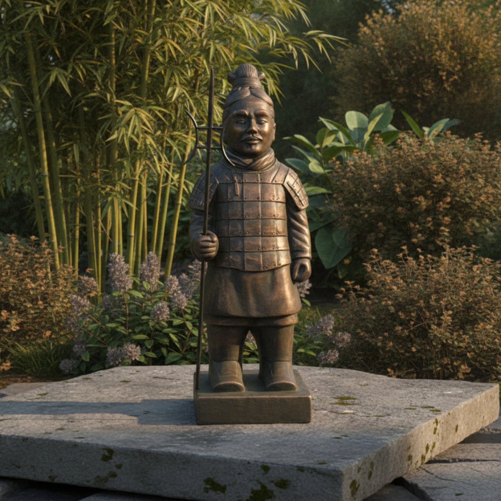 Terracotta Warrior Statue Bronze-Toned Terracotta Warrior Figurines Statue with Polearm Traditional for Collectors, Entryway