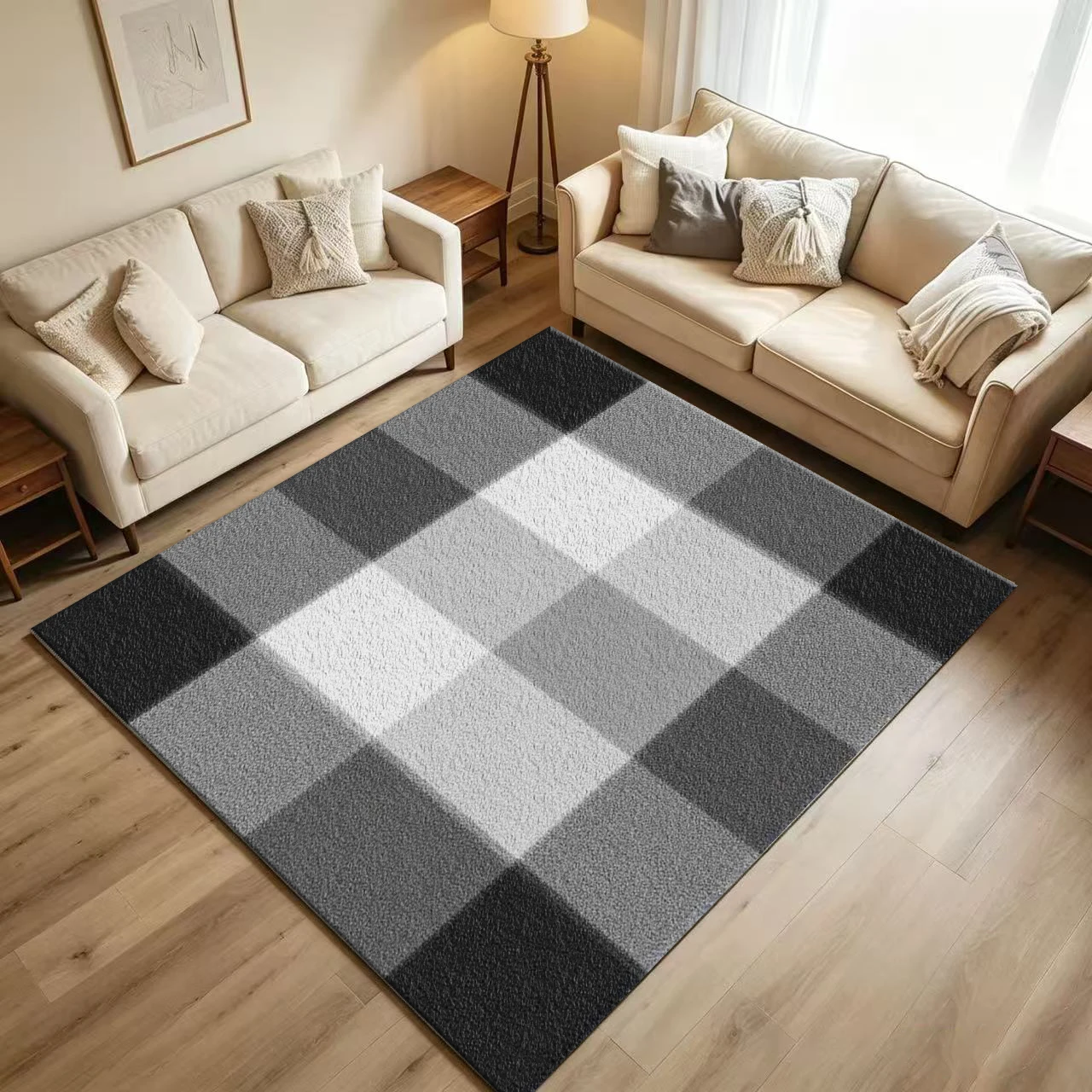 Monochrome Grey Buffalo Plaid Carpet Flooring Classic Black White Checkered Grid Texture Seamless Art Pattern Printed Floor Rug for Household Indoor Simple Home Decoration