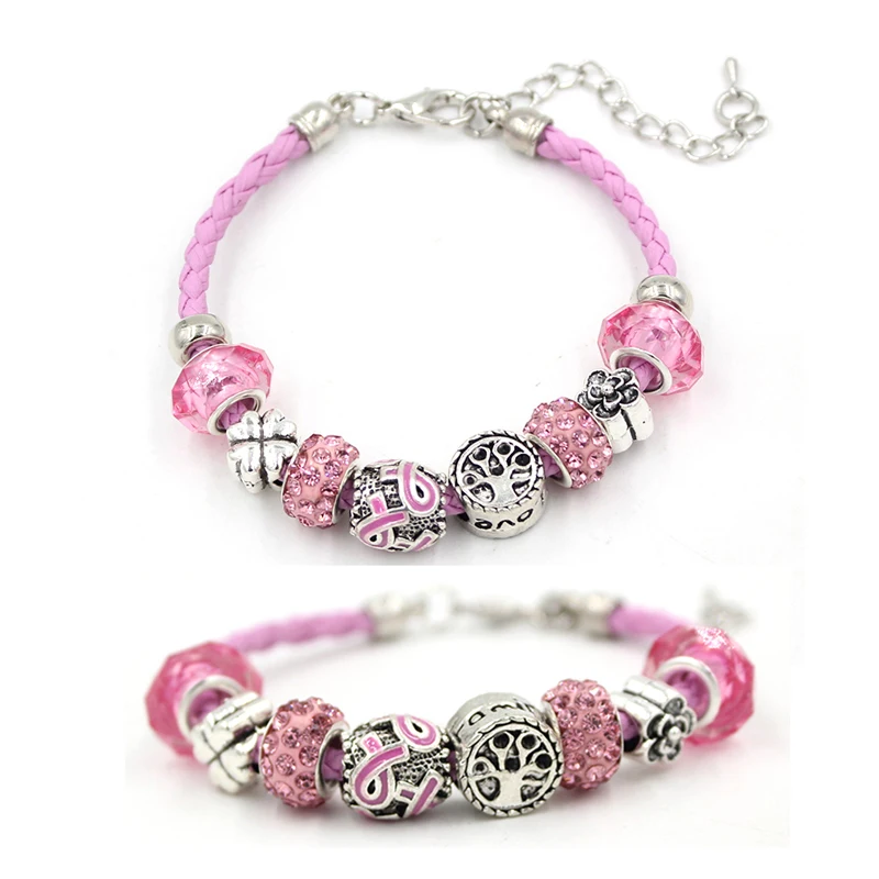 1PC New Arrival Pink Leather Family Tree Pink Ribbon Breast Cancer Awareness Bracelets Jewelry Gift for Cancer Center Foundation