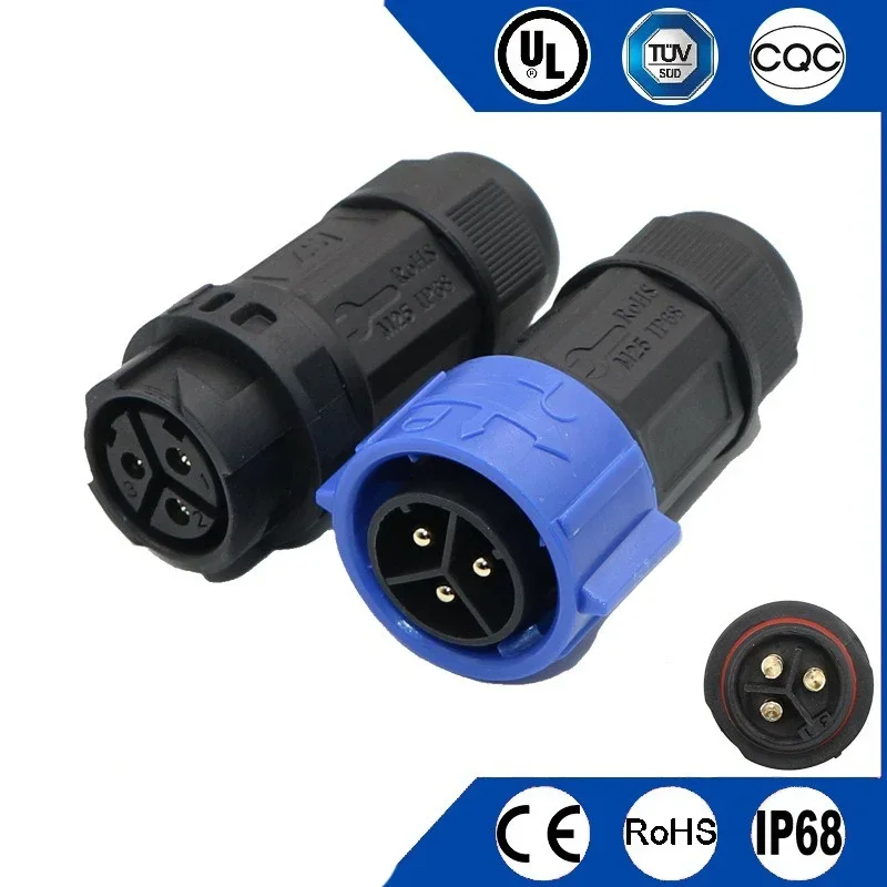 35A Waterproof M25 2 3 4 Pin Cable Connector IP67 Male Female Soldering/Screw Wire Self-locking Quick Plug CE TUV Certified