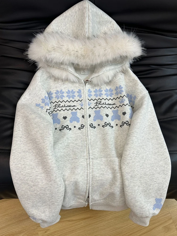 

Sweet Preppy Zipper Hoodies Women Loose Kawaii Print Long Sleeve Casual Sweatshirts Fur Collar Patchwork Lazy Wind Vintage Tops