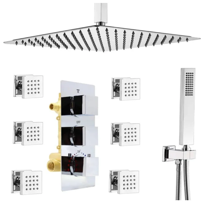 Shower System 16 inch Ceiling Rain Shower Head with Handheld and Full Body Spray Multi Jets, Thermostatic Valve, Chrome