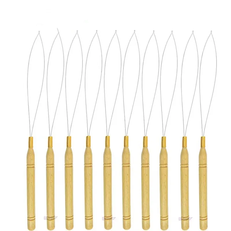 Hair Extension Threader with Wooden Handle, Steel Wire Loop Needle for Nano Ring/Micro Bead Extensions, Salon & Home Use