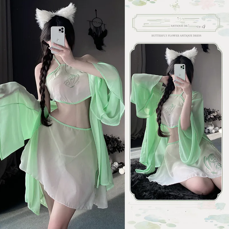 Lencería Sexy de Anime chino, disfraz de hada del viento, uniforme de tentación para mujer, blusa de Cosplay de pasión, falda, pantalones en T y diadema