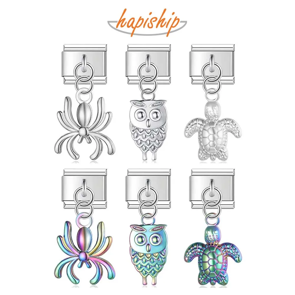 Hapiship 2023 Fashion New Stainless Steel Owl Spider Turtle Charm Italian Links Fit 9mm Bracelet DIY Making Jewelry DJ715