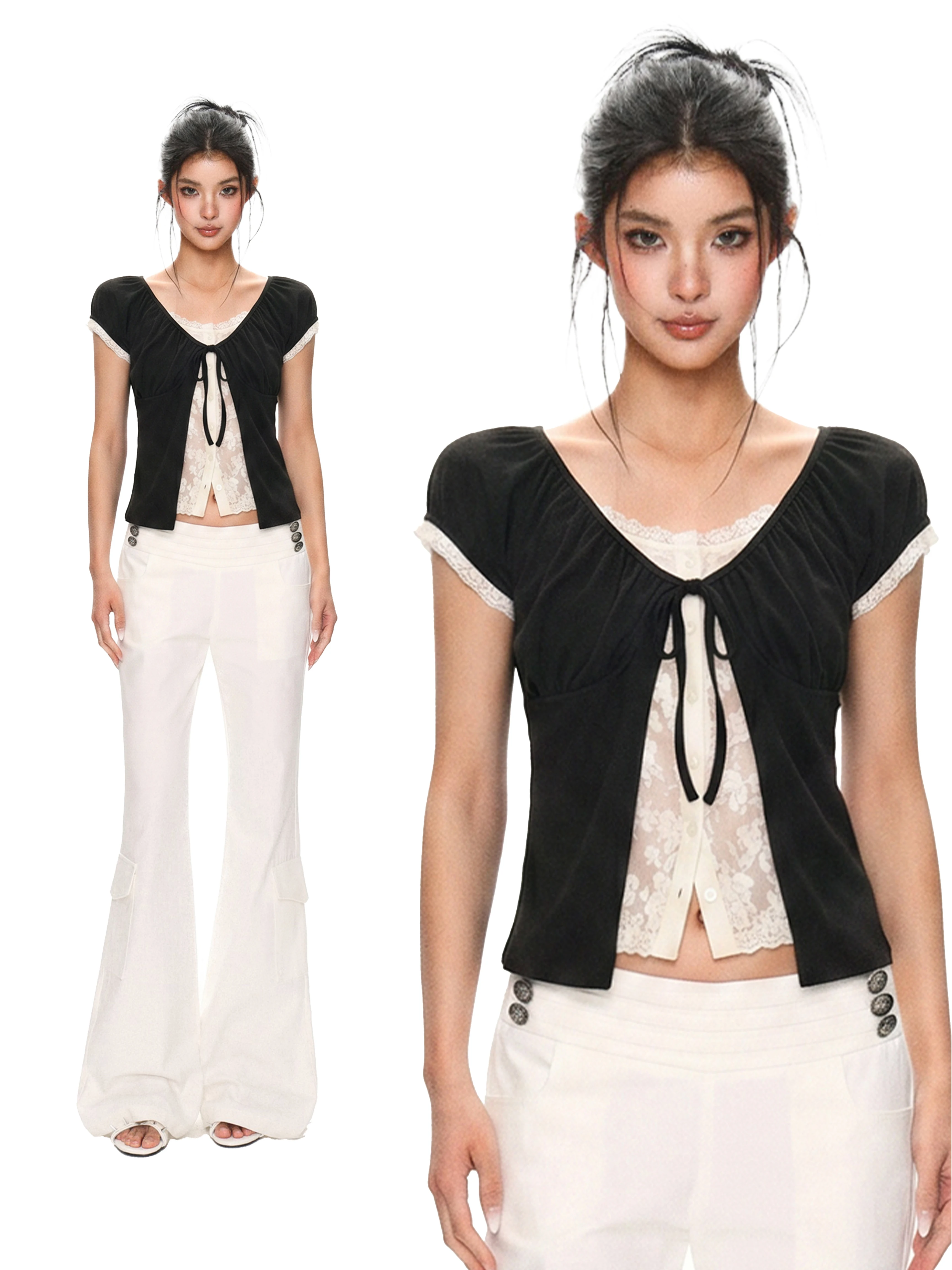 Black Lace Short Sleeve T-Shirt Women's Summer Slim Fit Design Unique Short Length Top Real Two-Piece Style Commute Fashion
