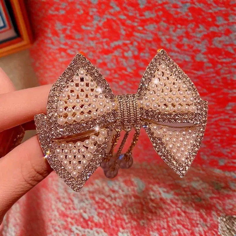 

Pearl Bow Tassel Spring Clip Temperament Top Clip Rhinestone High-end Hair Clip Headwear for Women All Year Round Hair Tie