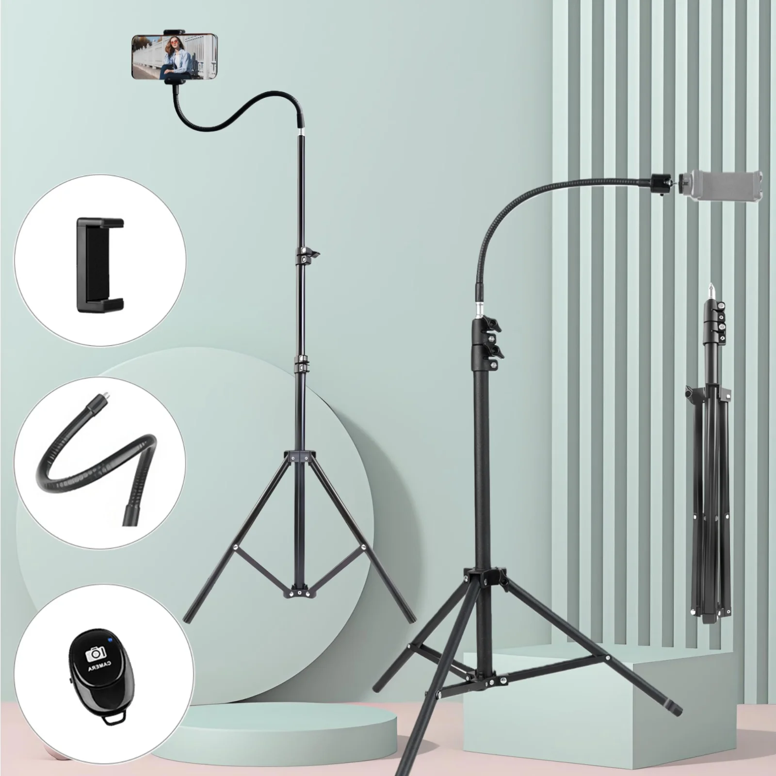 Professional Camera Tripod Stand 63inch with Bluetooth Remote, 35cm 360° Adjustable Hose& Foldable Aluminum Alloy for Stable Mob