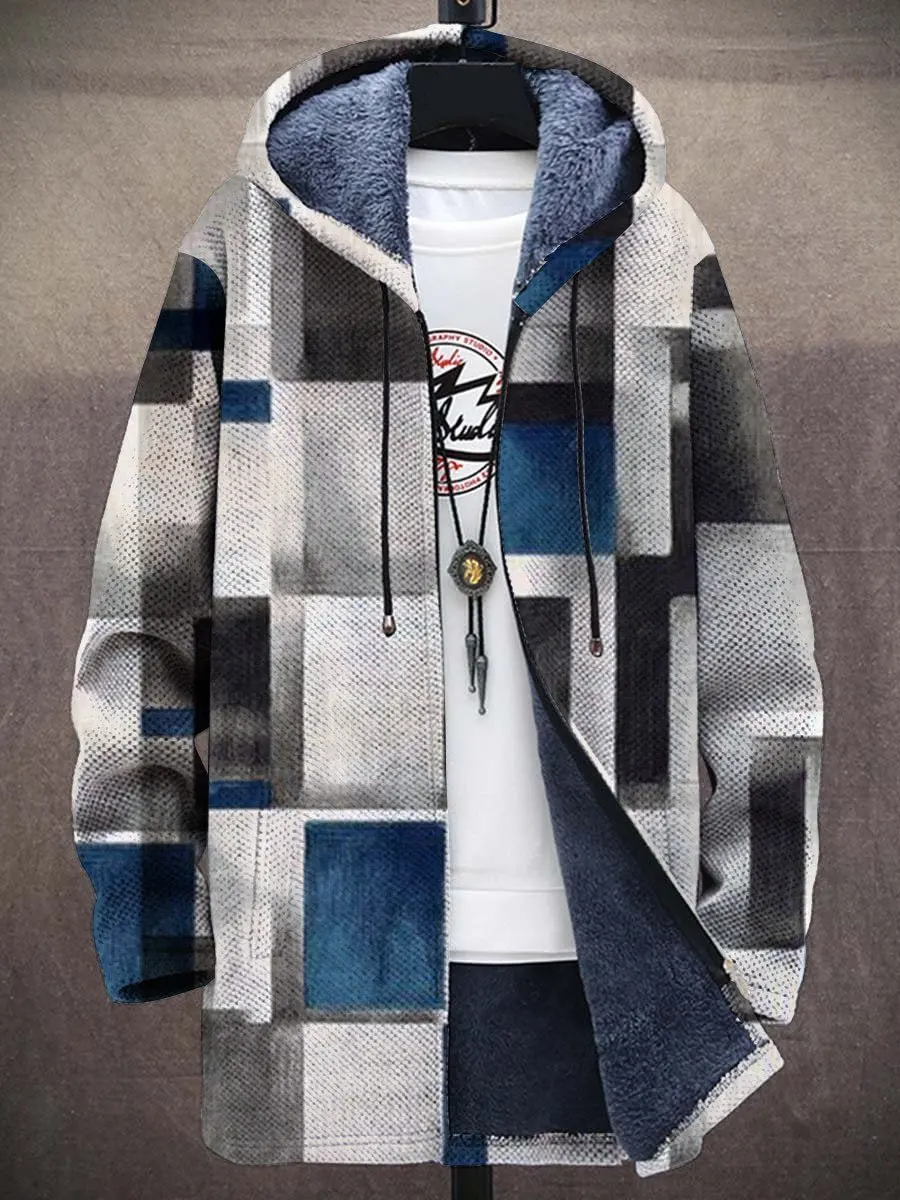 Men's Plaid Print Winter Fleece Lined Hooded Trench Coat Unisex Thick Warm Jacket