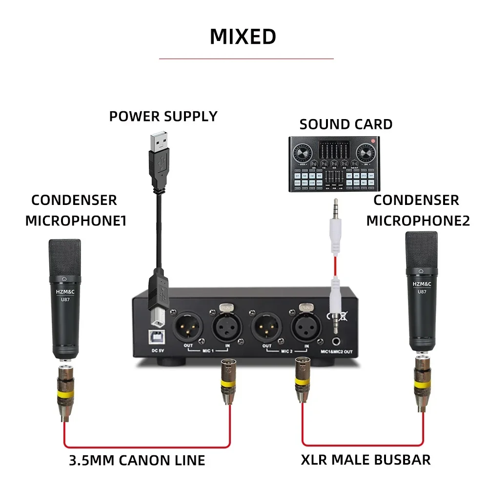 USB Dual Mixed Output Phantom Power Supply 48V Metal per microfoni a condensatore apparecchiature di registrazione musicale