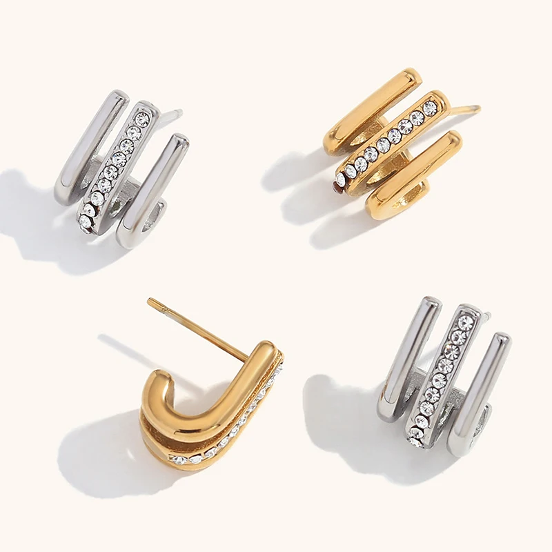 

PAPERPLUS | 18K Gold Stud Earrings for Women. Stainless Steel. Mini J-shaped Curved Hook. Rhinestone Jewelry.1Pair. Elegant