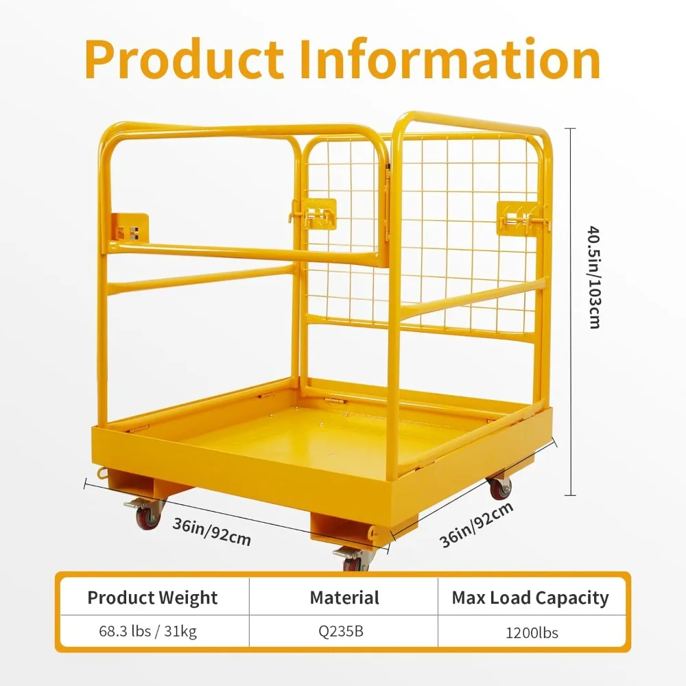 กรงนิรภัยรถยก, ตะกร้ายก 36"x36" นิ้ว, ตะกร้าคนรถยกสําหรับงานหนัก ความจุ 1200LBS พร้อม 4 ล้อ, ชุดนิรภัย