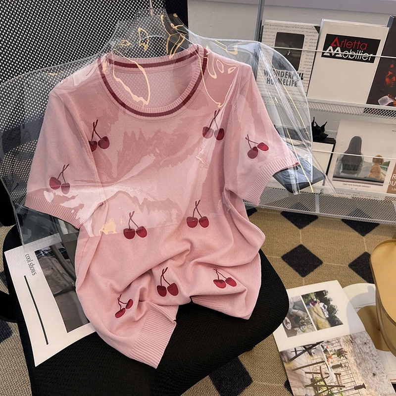 Cherry Embroidery Summer Women T-Shirt Fashion Basic Loose Short Sleeve T shirt Top OverSized Female Casual Tee Shirt M-4XL