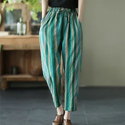 Fashion Elastic Lace Up Vintage Striped Casual Pants Women's Clothing 2024 Summer New Loose All-match High Waist Cropped Pants