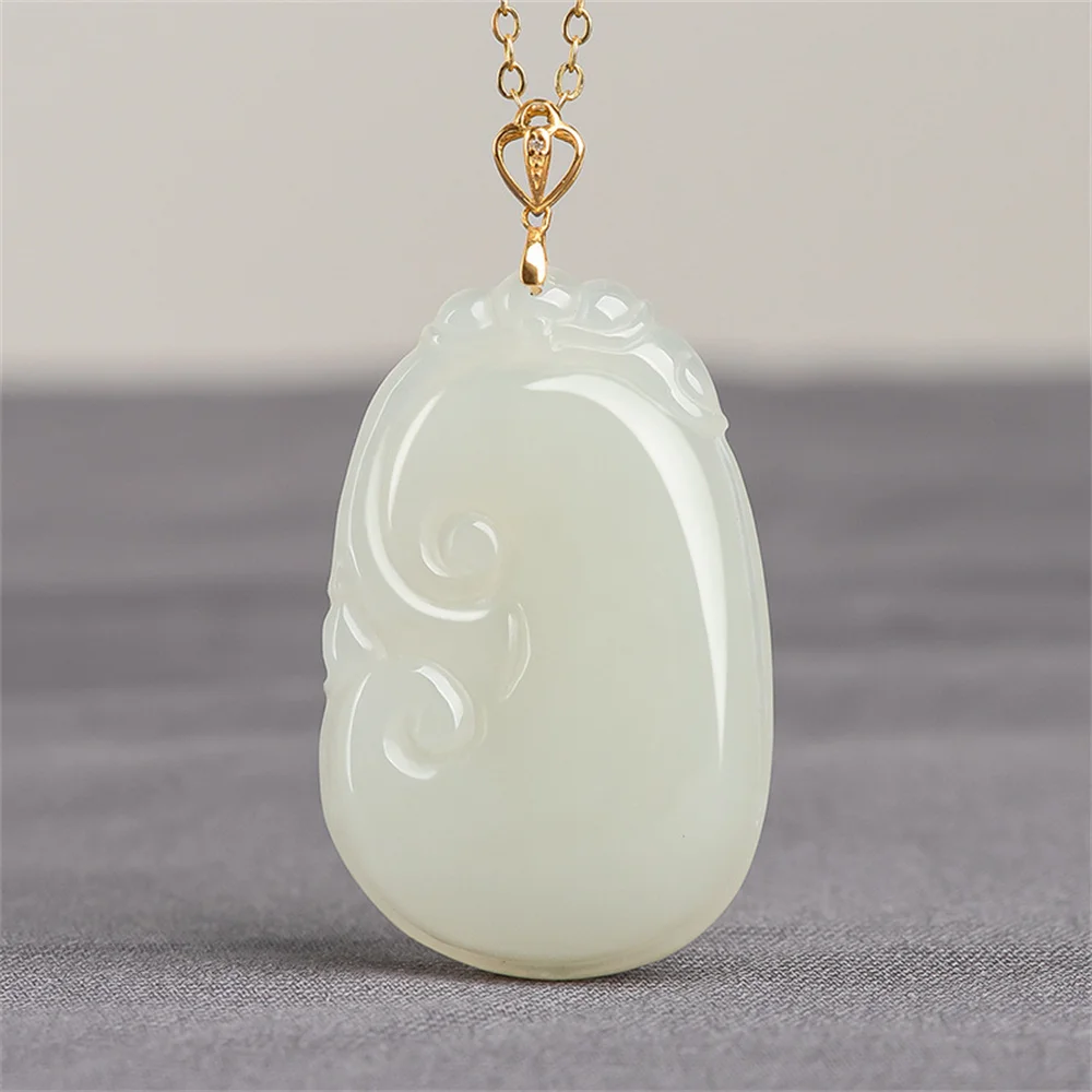 18K Gold Natural White HeTian Jade Carved RuYi Design Lucky Pendant Trendy Amulet Necklace Certificate Luxury Jade Jewelry