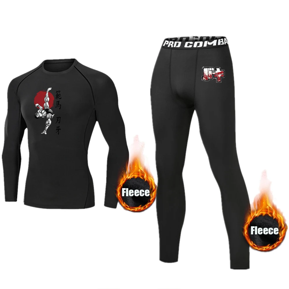 Anime Hanma Baki Men's Compression Shirt and Compression Trousers Set Fleece Lined Thermal Underwear Sports Fitness Set Winter