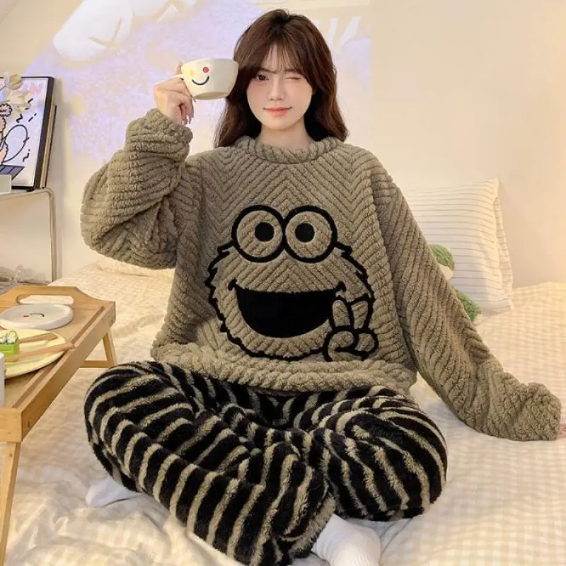 Kawaii الكرتون المرأة بيجامة الخريف الشتاء المرجان الصوف Pj مجموعة الفانيلا الدفء ملابس خاصة رشاقته ملابس النوم فتاة لطيف Homewear