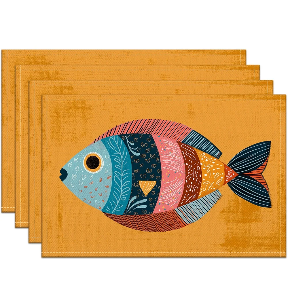 Vintage Folk Colorful Fish Printed Placemats Retro Art Table Decor Mustard Texture Sideboard Display Coastal Dining Home Decor