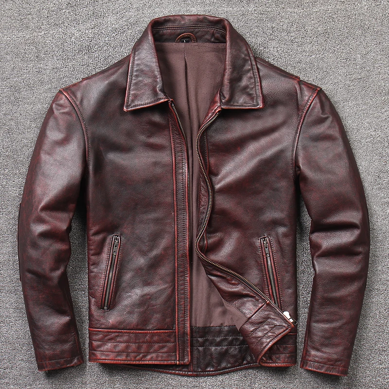 

Ameikaji American Retro Pure Top Layer Cowhide Genuine Leather Jaet Men's Motorcycle ort Sle Worn-In Outerwear Trendy