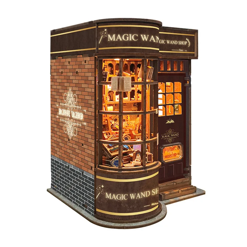 DIY ไม้ Magic Wand Shop Book Nook ชั้นวางใส่ Miniature ชุดชั้นวางหนังสือ Light Bookend สําหรับของขวัญวันเกิดเพื่อน