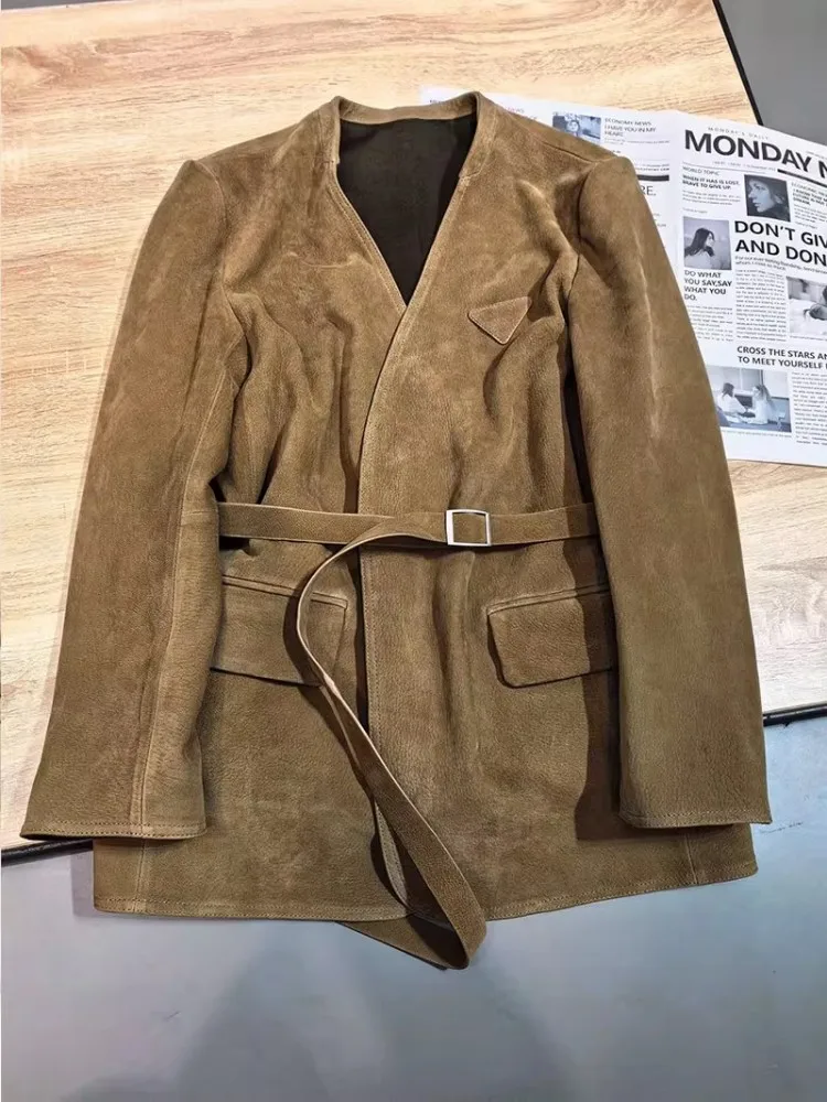 Chaqueta Vintage de cuero genuino para mujer, fajas Reversibles con cuello en V, chaquetas de traje elegantes, prendas de vestir medio largas de piel de oveja de ante de alta calidad