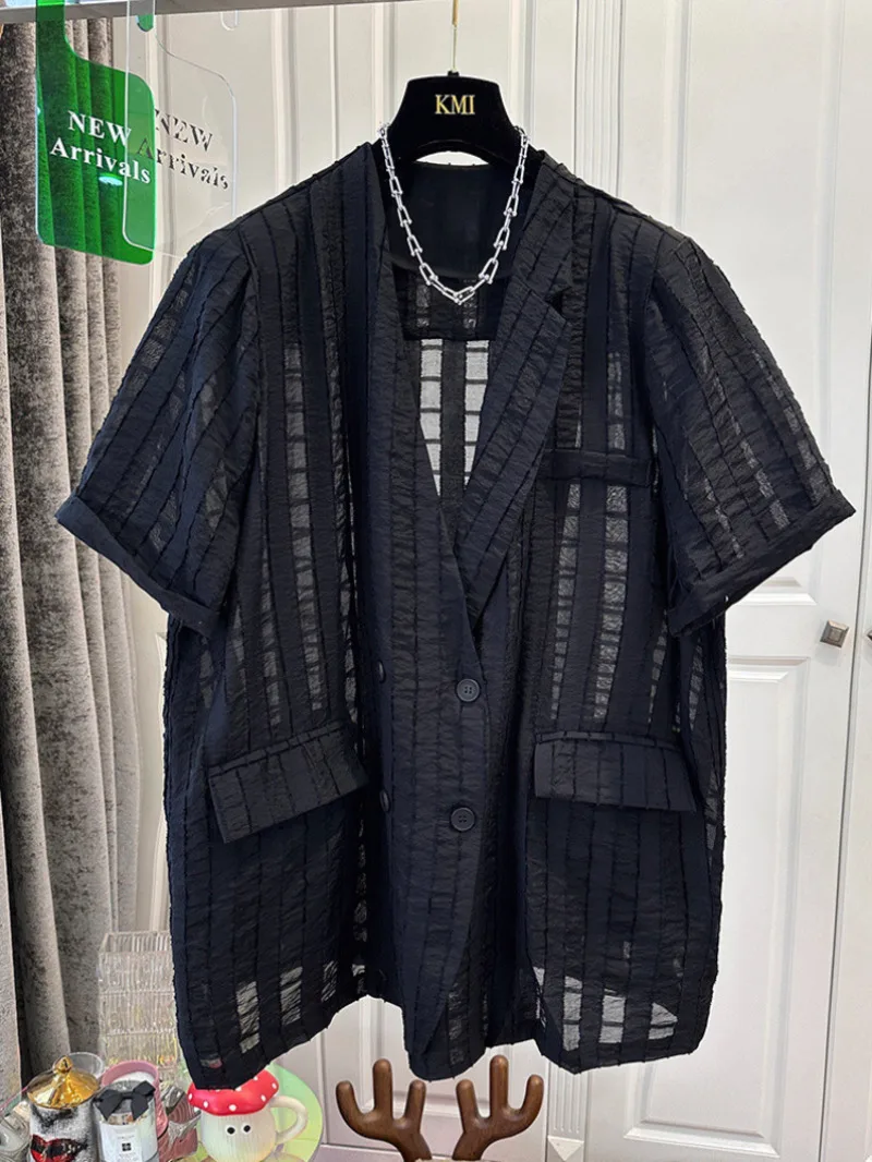 

New Casual Summer Chiffon Blazer Shirt Women Fashion Shoulder Pads Sheer Lapel Collar Double Breasted See Through Loose Tops