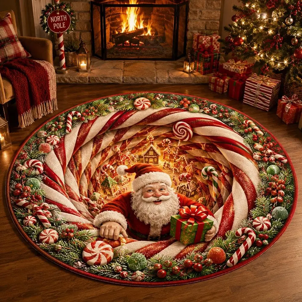 Christmas 3D Rug, Christmas Optical Illusion Area Mat,Optical Illusion Floor Mat with Depth Pattern, Funny Santa Claus Round
