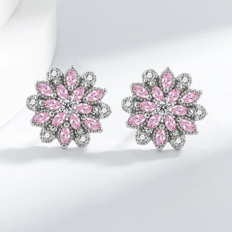 

Pink Zircon Flower Sweet Elegant Fashion Skinny 925 Sterling Silver Ladies Earrings