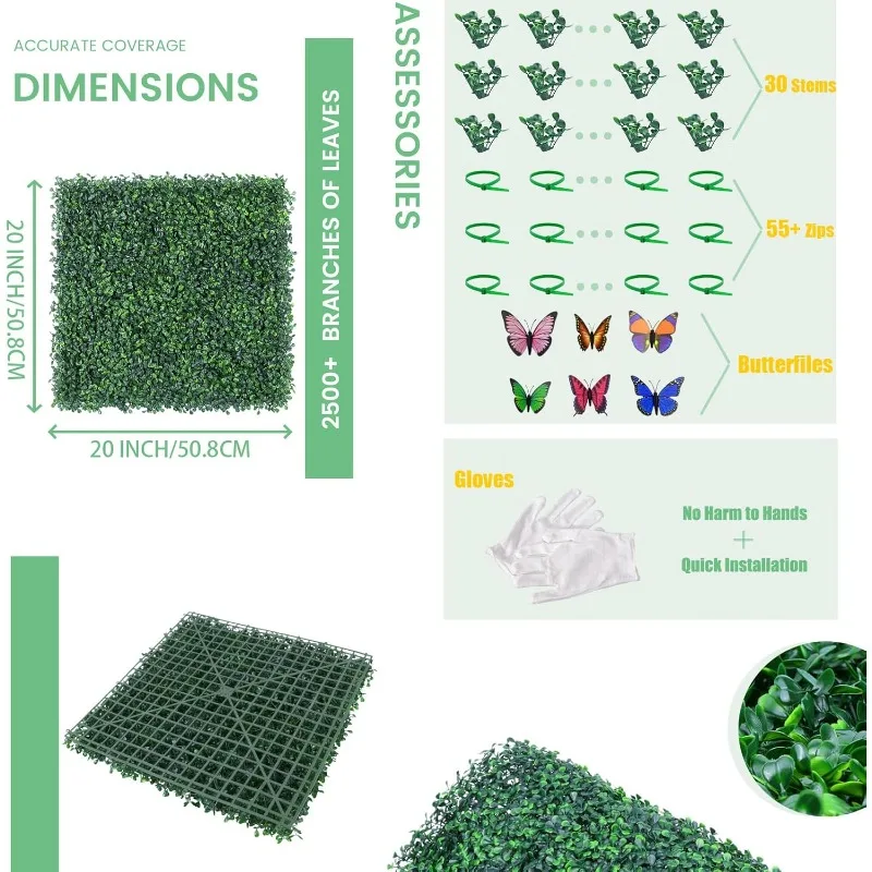 Painéis de buxo de setos artificiais de 20 "x 20" parede de grama de setos de buxo verde vegetação tapetes de plantas UV estáveis