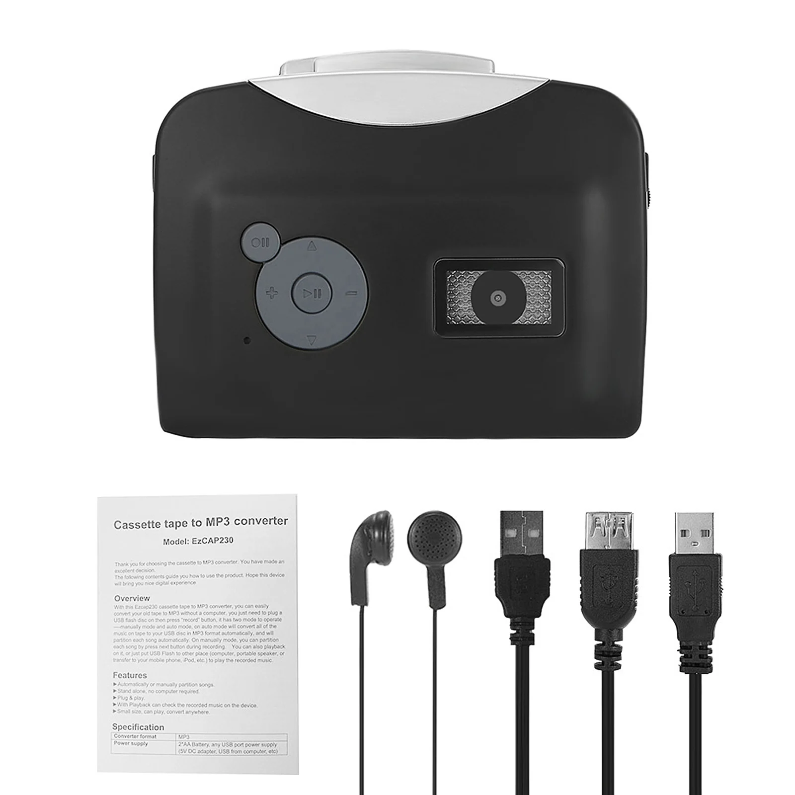 Cassette Tape-to-MP3 Converter Save Into USB Flash Disk Auto Partition Standalone Recorder W/ Earphone Black
