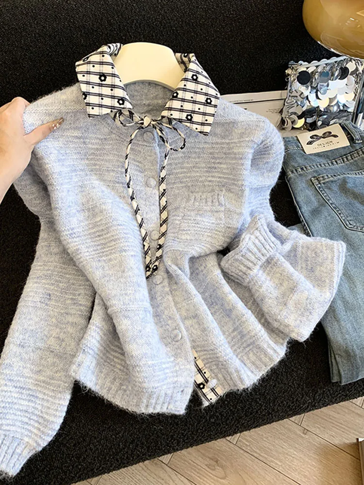 

Женский вязаный кардиган в клетку с цветовыми блоками, приталенный, средней толщины, с длинными рукавами, для повседневной носки