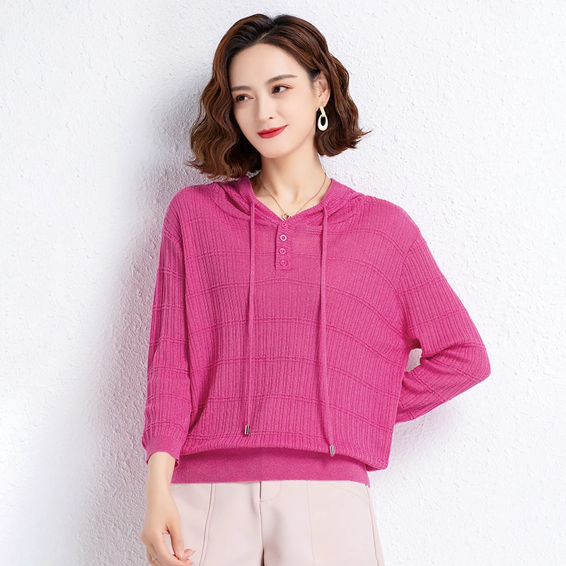 Women's Hooded Sweater Tops 2022 Summer &A Spring Knit Shirts Elegant Ladies Knitwear Blouse