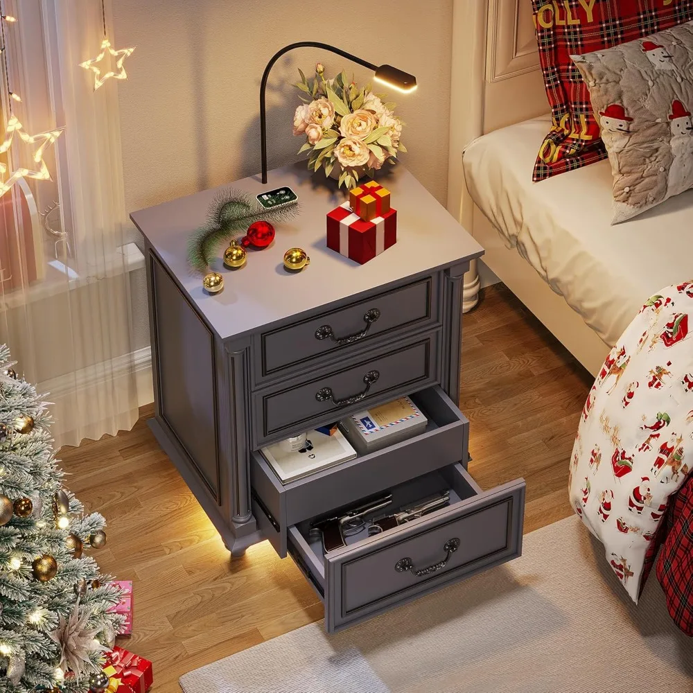 

Farmhouse Nightstand with Gun Drawer and 3 Large Storage Drawers,Smart Bedside End Table with LED Light and Human Sensor Chargin