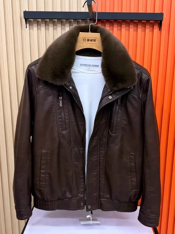 

Men's PU Leather Jaet Autumn Winter New Faion Warmth Fce Lined Stand Fit Zipper Decorated Outerwear Versatile Perso...