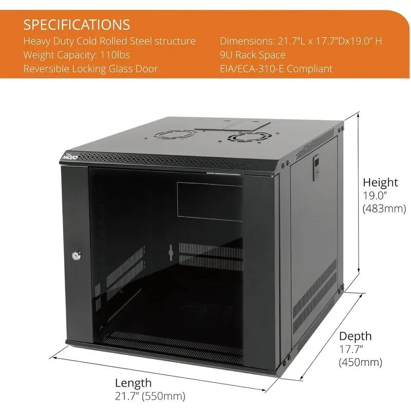 9U Wall Mount Server Cabinet IT Network Rack Enclosure Lockable Door and Side Panels Black Cooling Fan Glass Door 17.7inch