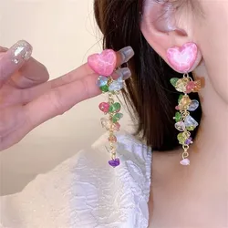 Vintage Pink Peach Heart Tassel Earrings for Women Full Crystal Heart Shape Sparkling Drop Earrings Girl Temperament Jewelry