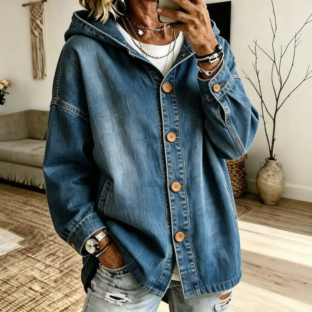 European and American lazy style hooded denim jacket jacket shoulder-length loose version top button women's denim