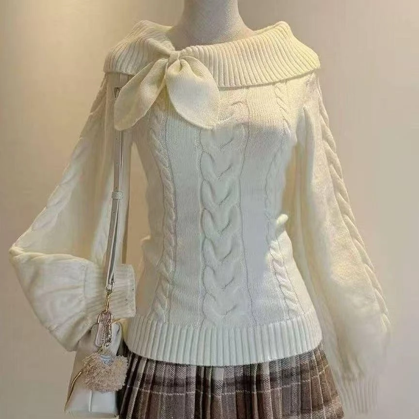 Sweet Preppy Style Knitted Sweater Y2K Aesthetic Long Sleeve Jumper for Women Coquette Casual Knitwear view 3
