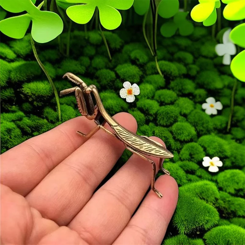 Alloy Mantis Miniature Ornament Tea Pet Antique Solid Insect Figurine Desk Decoration Craft Accessories Vintage Flowerpot Decor