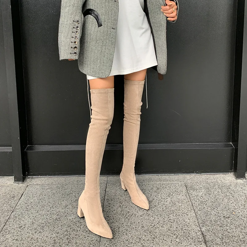 Damen Overknee-Stiefel Modische Slip-On Sock-Langstiefel Elegante Schuhe mit Quadratischem Absatz Damen-Fußbekleidung