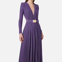 New Spring Women's Casual Long Sleeve Commuter Dress Vintage Pleated Slim Evening Dresses Elegant Deep V High Waist Robe Dress