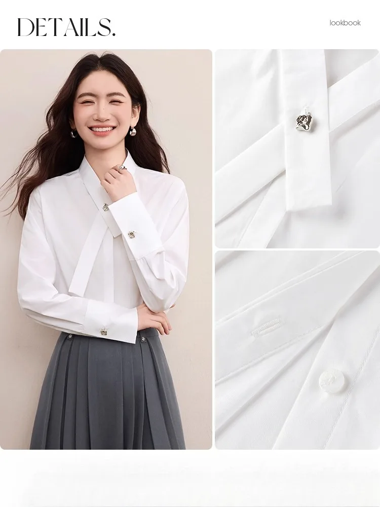 SENTUBILA Dames Casual Shirts Katoen 2025 Herfst Luxe Opstaande Kraag Korte voorkant-lange achterkant Zoom Tops Dameskleding 153CM3099