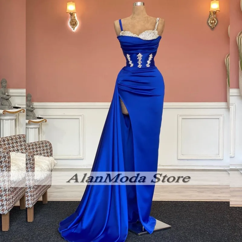 

Royal Blue Split Evening Dresses Spaghetti Straps Crystal Mermaid Prom Gowns 2025 Wedding Party Dress Customized vestido de gala