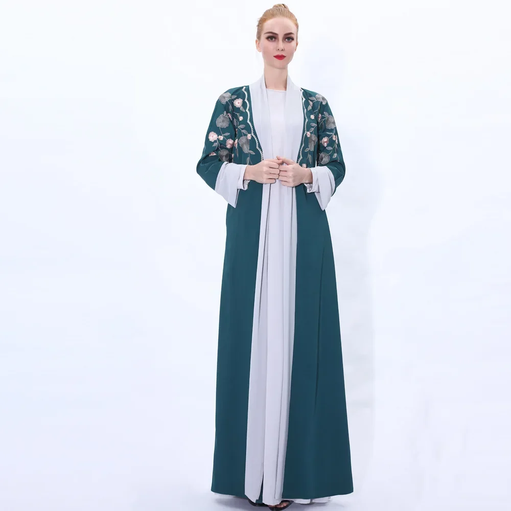 

Fashion Chiffon Patchwork Cardigan Long Dress Embroidery Women Abaya Dubai Puff Sleeves Outerwear Cardigan Robe Islam Clothing