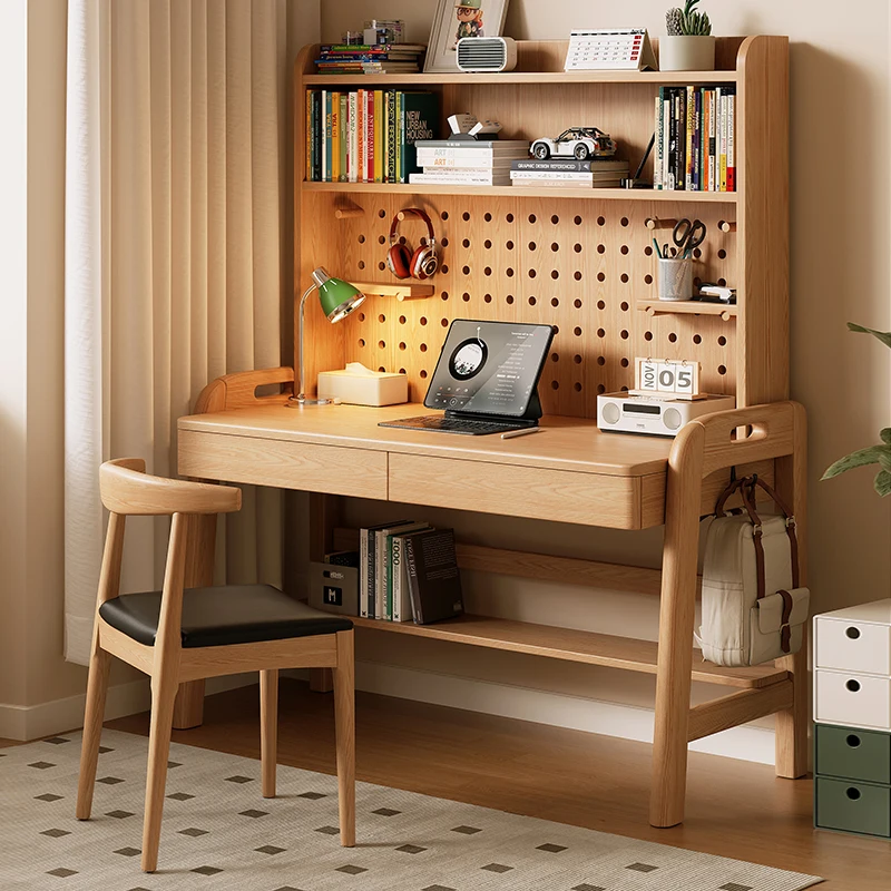 

Solid wood desk bookshelf integrated simple writing desk study desk home children's study table with bookshelf