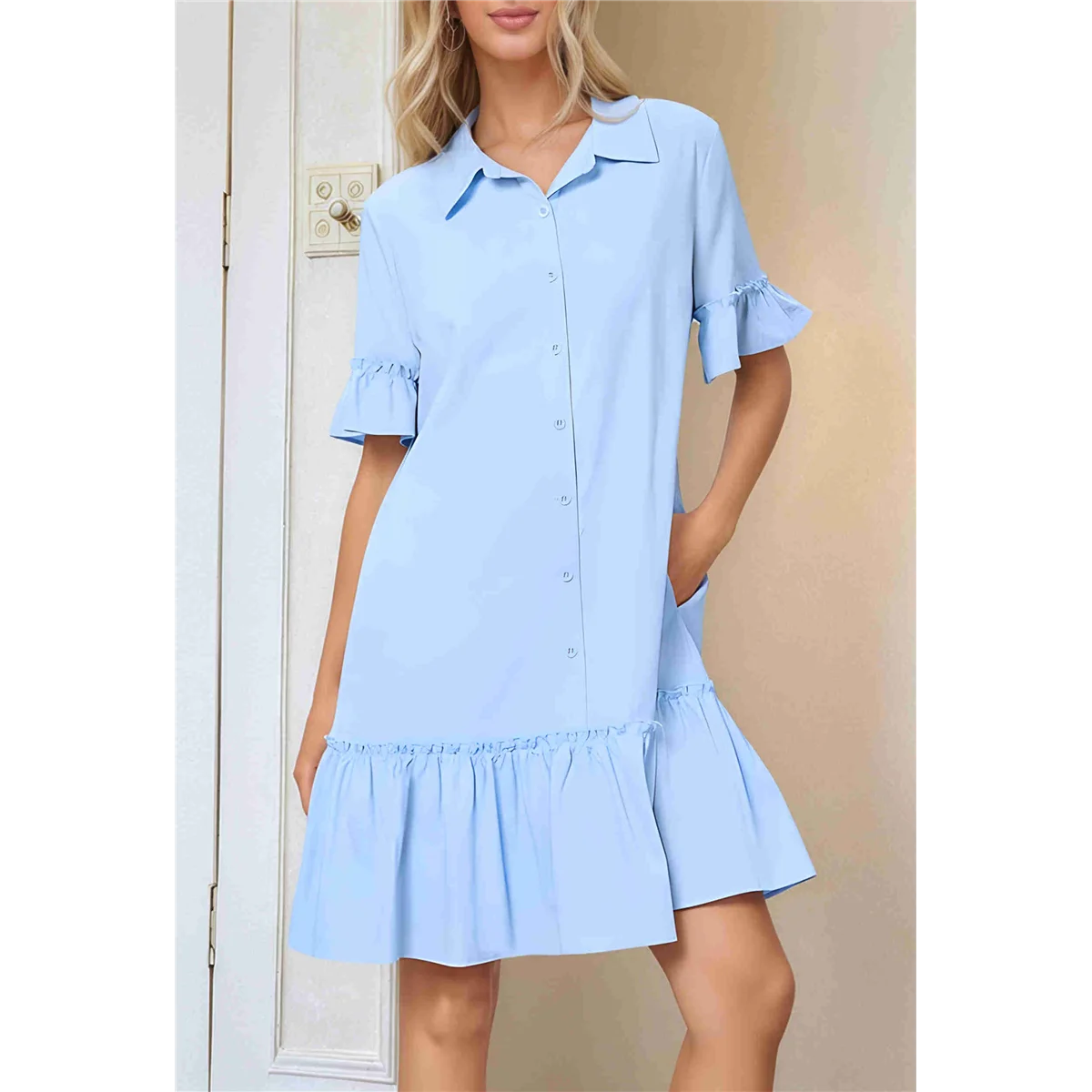 Women'S Summer Button Down Shirt Dress Casual Ruffle Sleeve Shift Mini Dresses with Pockets Light Blue XXL