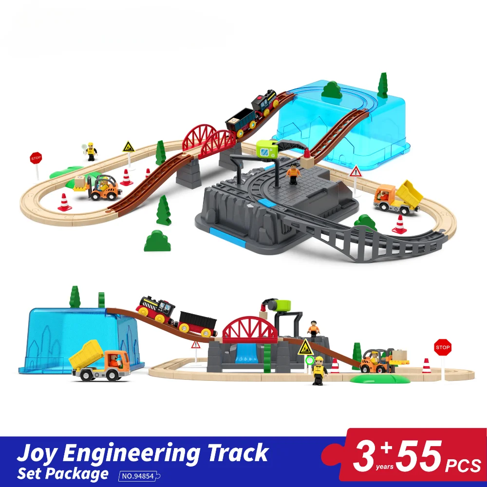 55pcs/set Wooden Railway Track Set Electric Train Magnetic Car Diecast Slot Fit All Brand Biro Wood Track Assemble Toy Boy Gift